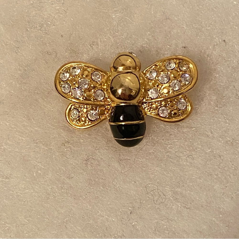 Vintage BROOCH PIN GOLD BEE BLACK ENAMEL CRYSTALS BLING